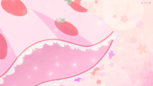 a pink frilly strawberry patterned skirt billowing, sparkles overlaying it